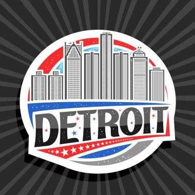 Detroit için vektör logosu, beyaz dekoratif etiket. Gündüz gökyüzü arka planında modern Detroit şehir manzarası çizimi. Sanat tasarımı buzdolabı mıknatısı.