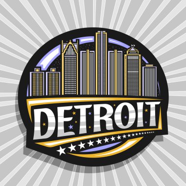 Detroit için vektör logosu, Detroit için siyah dekoratif etiket, alacakaranlık gökyüzü arka planında modern Detroit şehir manzarasının çizgi çizimi, sanat tasarım buzdolabı mıknatısı, kelime Detroit için eşsiz fırça harfleri