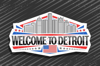 Detroit için vektör logosu, Detroit 'in beyaz dekoratif işareti gökyüzü arka planında Detroit şehir manzarası çizimi, sanat tasarımı buzdolabı mıknatısı siyah kelimeler için eşsiz harflerle Detroit' e hoş geldiniz