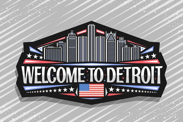 Detroit 'in vektör logosu, Detroit' in alacakaranlık gökyüzü arkaplanındaki Detroit şehir manzarasının resmedildiği siyah dekoratif etiket, sanat tasarım buzdolabı mıknatısı, kelimeler için eşsiz fırça harfleriyle Detroit 'e hoş geldiniz.