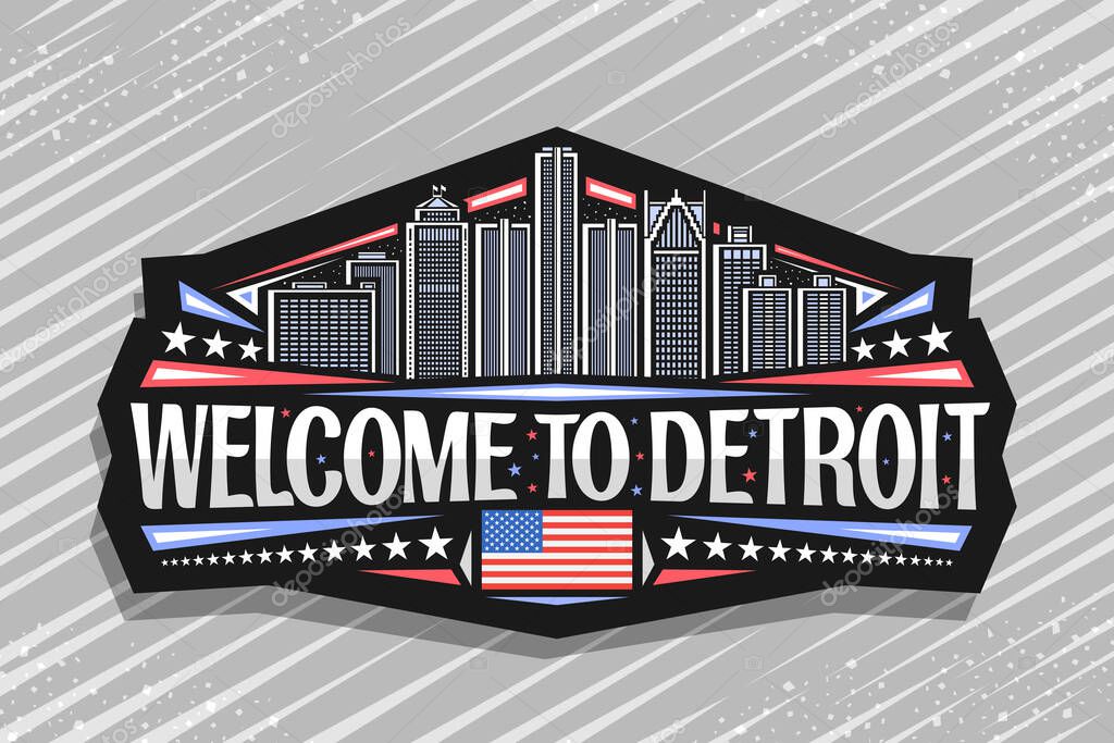 Vector logo for Detroit, black decorative tag with illustration of detroit city scape on dusk sky background, art design refrigerator magnet with unique brush lettering for words welcome to detroit