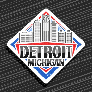 Detroit için vektör logosu, beyaz eşkenar dörtgen yol işareti, modern Detroit şehrinin gökyüzü arkaplanının basit çizgisi, dekoratif buzdolabı mıknatısı Detroit, Michigan,