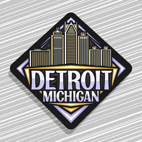 Detroit için vektör logosu, Detroit için siyah eşkenar dörtgen yol işareti alacakaranlık gökyüzü arka planında ünlü Detroit şehir manzarasının çizgi çizimi dekoratif Amerikan buzdolabı mıknatısı Detroit, Michigan,