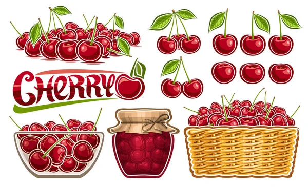 Vector Cherry Set Tétel Gyűjteménye Kivágott Illusztrációk Cseresznye Csendélet Zöld — Stock Vector