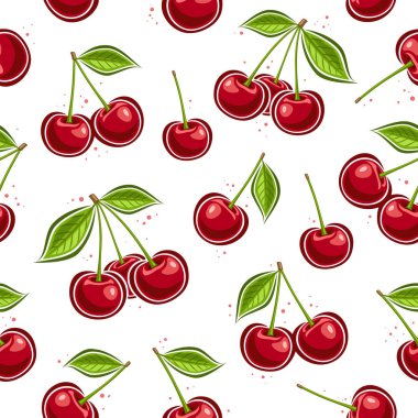 Vector Cherry Seamless Pattern, repeat background with collection of cut out illustrations ripe cherries with green leaves, group of various flat lay cherry berries for interior on white background