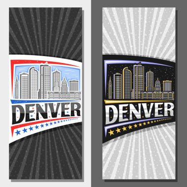 Denver için vektör dikey düzenleri, Denver şehrinin gündüz ve alacakaranlık gökyüzü arkaplanlarının ana hatlarıyla dekoratif davetiyeler, kelime Denver için eşsiz harfli sanat tasarımı turist kartı