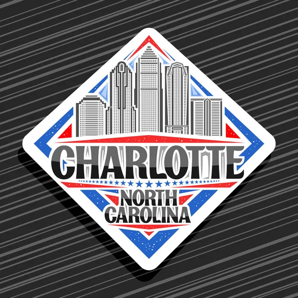 Charlotte için vektör logosu, beyaz eşkenar dörtgen yol işareti, Charlotte City 'nin ana hatlarıyla çizilmiş gökyüzü arkaplanı, siyah kelimelerle dekoratif buzdolabı mıknatısı Charlotte, Kuzey Carolina