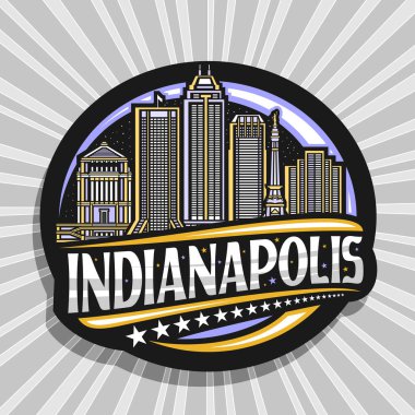 Indianapolis için vektör logosu, Indianapolis için siyah dekoratif etiket. Alacakaranlık gökyüzü arka planında Indianapolis şehir manzarasının basit bir çizimi. Sanat tasarımı buzdolabı mıknatısı.