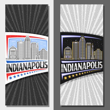 Indianapolis için vektör dikey yerleşim yerleri, Indianapolis şehir manzarasının gündüz ve alacakaranlık arkaplanının resmedildiği dekoratif broşürler, Indianapolis için eşsiz harflerle yazılmış turist kartı tasarımı