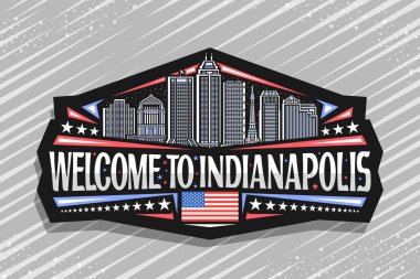 Indianapolis için vektör logosu, Indianapolis 'e hoş geldiniz sözleriyle ünlü Indianapolis şehir manzarasının ana hatlarını gösteren siyah dekoratif etiket.
