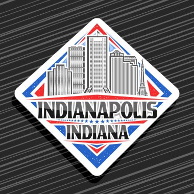 Indianapolis 'in vektör logosu, Indianapolis' in beyaz eşkenar dörtgen yolu tabelası gökyüzü arka planında Indianapolis şehir manzarasının ana hatları, Indianapolis, Indiana 'daki siyah kelimelerle dekoratif buzdolabı mıknatısı.