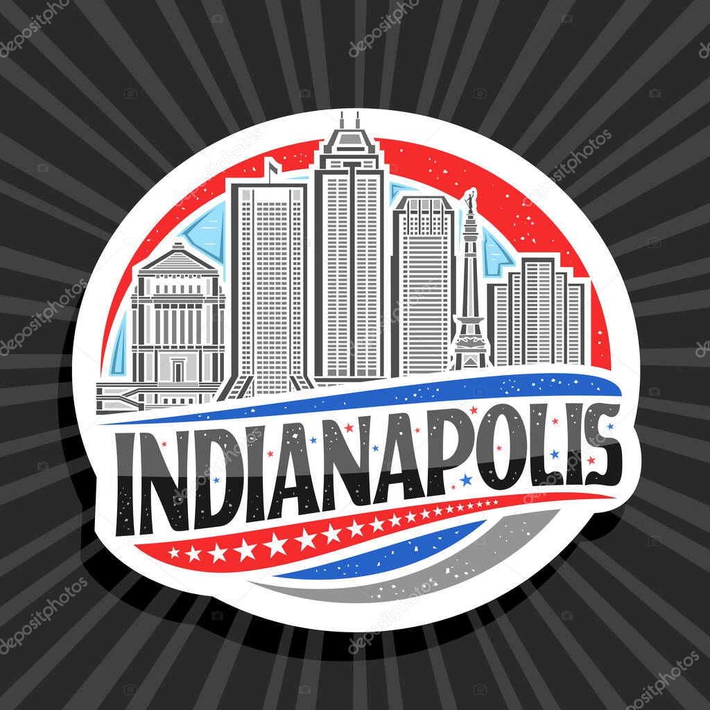Vector logo for Indianapolis, white decorative tag with illustration of indianapolis city scape on day sky background, art design refrigerator magnet with unique lettering for black word indianapolis