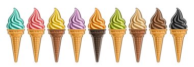 Vektör Dondurma Seti, 9 kişilik çoklu koleksiyon gerçekçi canlandırıcı dondurmaların farklı çizimlerini kesiyor, beyaz arkaplanda sıra sıra waffle külahlarında renkli kıvrımlı dondurmalarla yatay pankart