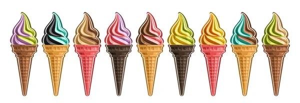 矢量冰淇淋套装 批量收集的9个切出不同的实例新鲜冰淇淋 水平横幅与冷美式冰淇淋排在华夫饼锥白色背景 — 图库矢量图片