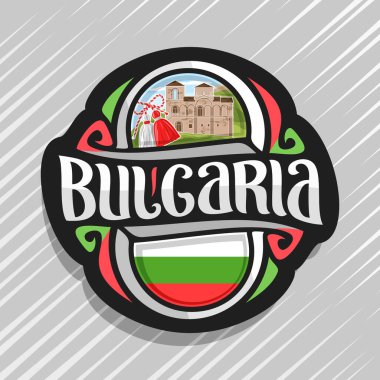 Word Bulgaristan, Bulgarca sembol - kırmızı ve beyaz martenica, bulutlu gökyüzü arka plan üzerinde Asenova kale için Bulgaristan ülke, Bulgar bayrak, orijinal fırça yazı ile buzdolabı mıknatıs için logo vektör