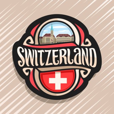 İsviçre ülke, İsviçre bayrağı, word İsviçre ve ulusal swiss sembolü - Zürih'te Fraumunster kiliseyle bulutlu gökyüzü arka plan için orijinal fırça yazı ile buzdolabı mıknatıs için vektör logo