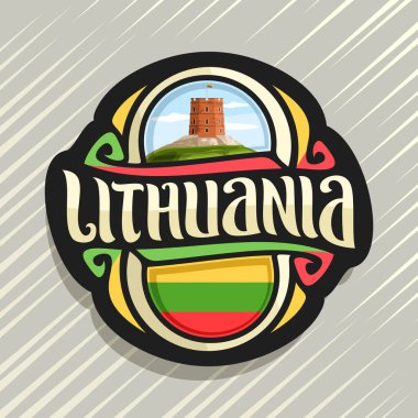 Litvanya ülke, Litvanya bayrağı ile buzdolabı mıknatıs, word Ulusal Litvanya sembol - kule Gediminas bulutlu gökyüzü arka plan üzerinde Vilnius, Litvanya için orijinal fırça yazı için vektör logo