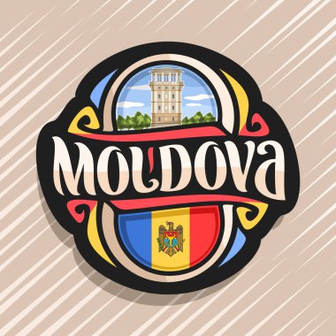 Cumhuriyet Moldova, Moldova Devlet bayrağı, word moldova ve ulusal Moldova sembolü - Kişinev mavi bulutlu gökyüzü arka plan üzerinde su kulesinde için orijinal fırça yazı ile buzdolabı mıknatıs için vektör logo