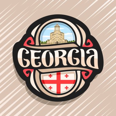 Georgia ülke için vektör logo, buzdolabı mıknatıs ile Gürcü bayrağı, orijinal fırça yazı için word georgia ve ulusal Gürcü sembol - kutsal Trinity Katedrali, Tiflis bulutlu gökyüzü arka plan üzerinde