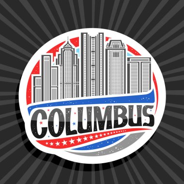 Columbus için vektör logosu, Kolomb şehir manzarasının gündüz arkaplanındaki basit çizgi çizimine sahip beyaz dekoratif etiket, siyah kelime columbus için eşsiz harflerle sanat tasarım buzdolabı mıknatısı mıknatısı