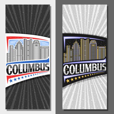 Columbus için vektör dikey yerleşim yerleri, Columbus şehrinin gündüz ve alacakaranlık gökyüzü arkaplanı çizgili çizgili dekoratif broşürler, kelime Columbus için eşsiz harfli sanat tasarımı turist kartı