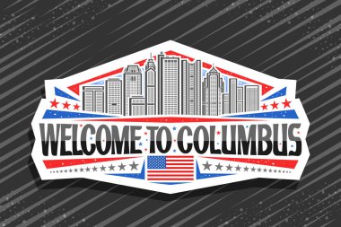 Columbus için vektör logosu, beyaz dekoratif etiket. Gündüz gökyüzü arka planında çağdaş Columbus şehir manzarası çizimi, sanat tasarımı buzdolabı mıknatısı. Columbus 'a hoş geldiniz.