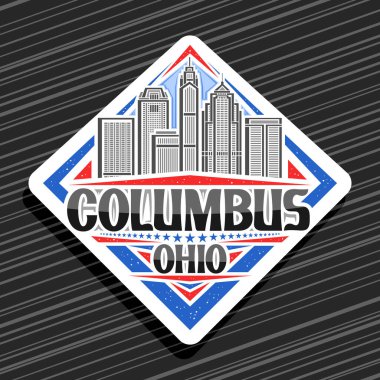 Columbus için vektör logosu, beyaz eşkenar dörtgen yol tabelası şehir çağdaş kolomb şehir manzarasının çizgi çizimi gökyüzü arka planında, dekoratif buzdolabı mıknatısı siyah kelime columbus, Ohio