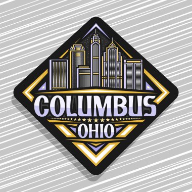 Columbus için vektör logosu, siyah eşkenar dörtgen işareti üzerinde Amerikan Kolomb şehrinin koyu alacakaranlık gökyüzü arkaplanının basit çizgisi, süslemeli buzdolabı mıknatısı Columbus, Ohio