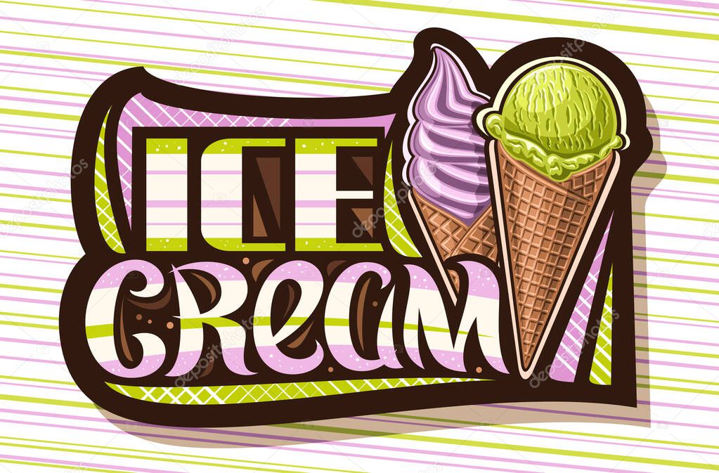 Vector logo for Ice Cream, black tag with illustration of two different icecreams in brown waffle cones, dark sign board for kids cafe with unique lettering for words ice cream on striped background