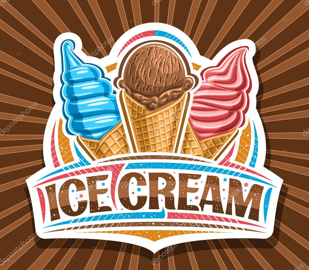 Vector logo for Ice Cream, cut paper sign board for kids cafe with illustration of triple vivid icecreams in waffle cones, unique brush lettering for brown words ice cream on rays of light background