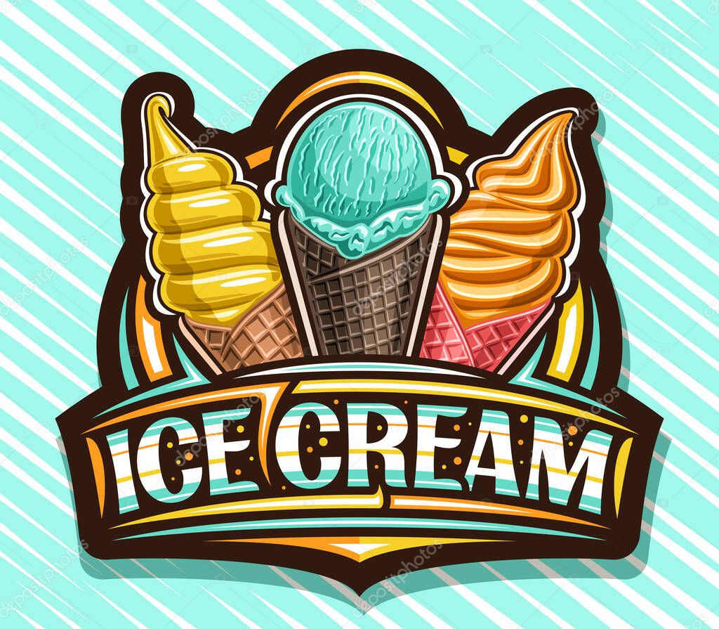 Vector logo for Ice Cream, dark decorative sign board for kids cafe with illustration of triple different icecreams in waffle cones and unique brush lettering for words ice cream on bright background