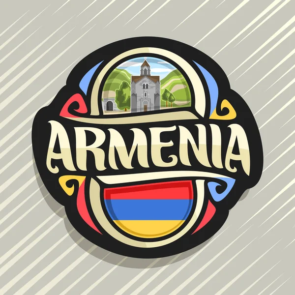 矢量标志为亚美尼亚国家 冰箱磁铁与亚美尼亚国旗 原始的刷子字体为词亚美尼亚 全国亚美尼亚标志 钟楼在 Haghpat 修道院在多云天空背景 — 图库矢量图片