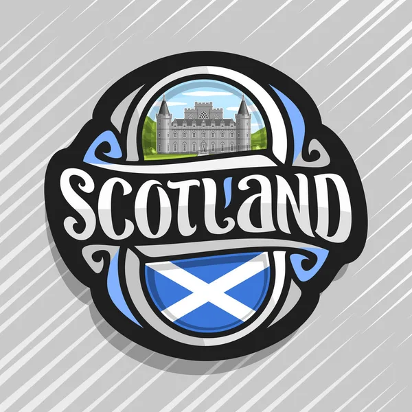 矢量标志为苏格兰 冰箱磁铁与苏格兰萨特尔旗子 原始的刷子字体为词苏格兰并且全国苏格兰标志 Inveraray 城堡在阿盖尔在蓝色多云天空背景 — 图库矢量图片