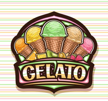İtalyan dondurması için vektör logosu, çizgili arka planda kelime gelato için eşsiz fırça harfleri olan kahverengi gözleme külahında 5 farklı canlandırıcı dondurma resimli çocuk kafesi için siyah tabela.
