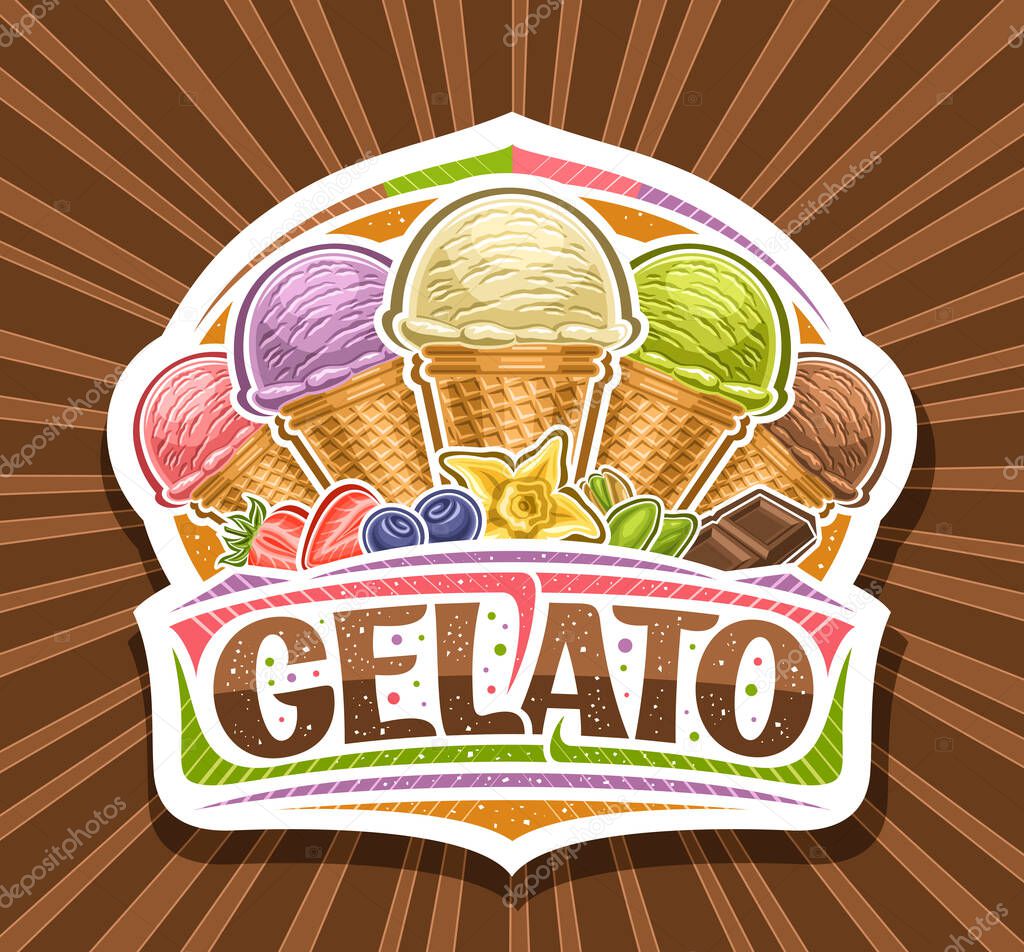 Vector logo for Italian Gelato, cut paper sign board for kids cafe with illustration of five different ice creams in waffle cones and unique lettering for brown word gelato on rays of light background