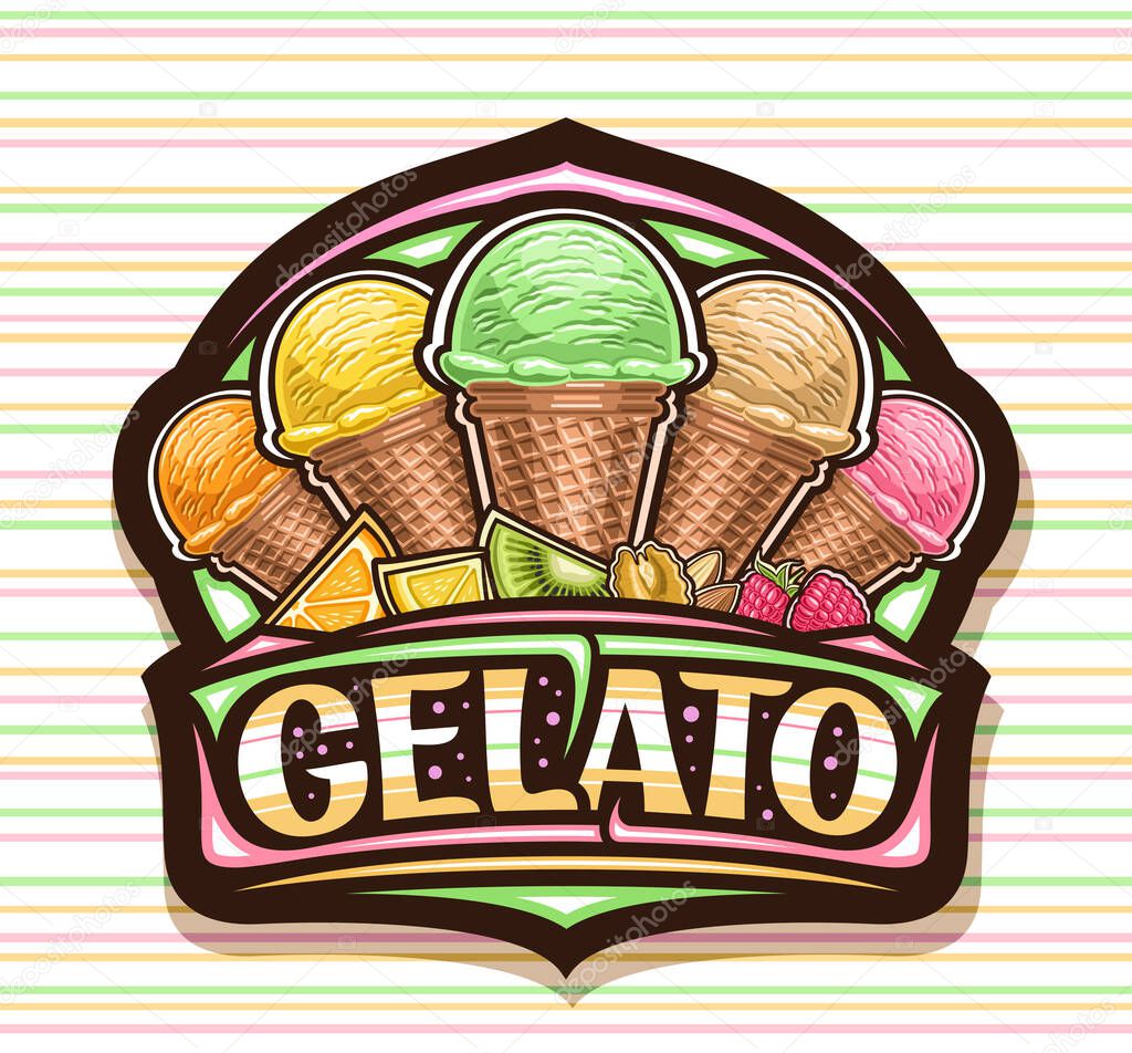 Vector logo for Italian Gelato, black sign board for kids cafe with illustration of 5 different refreshing ice creams in brown waffle cone, unique brush lettering for word gelato on striped background
