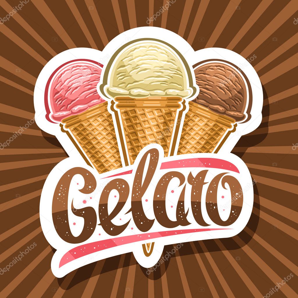 Vector logo for Italian Gelato, cut paper sign board for kids cafe with illustration of triple different ice creams in waffle cones, unique lettering for brown word gelato on rays of light background