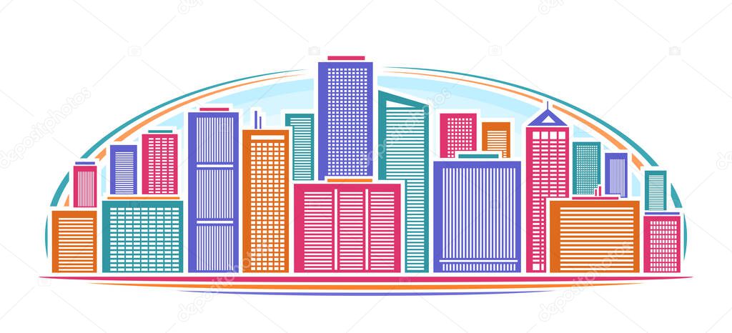 Vector illustration of Urban Skyline, horizontal decorative banner with multicolored linear design skyline cityscape, urban line art concept with different colorful buildings on blue sky background