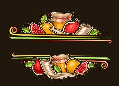 Vector border for Rosh Hashanah with copy space for congratulation text, decorative voucher with illustration of pomegranate slice, farm honey jar, yellow apple with leaf and shofar on dark background