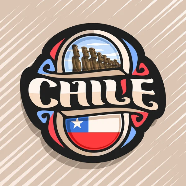 チリ国 チリの状態フラグは 単語チリおよび国立チリ記号 曇り空を背景にイースター島に石のモアイ像のオリジナル ブラシの書体とマグネットのベクトルのロゴ — ストックベクタ
