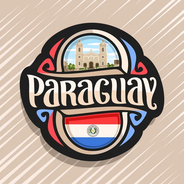 パラグアイ国 パラグアイの旗 単語パラグアイの国パラグアイの象徴 曇り空を背景にエンカルナシオン市大聖堂オリジナルの筆書体とマグネットのベクトルのロゴ — ストックベクタ