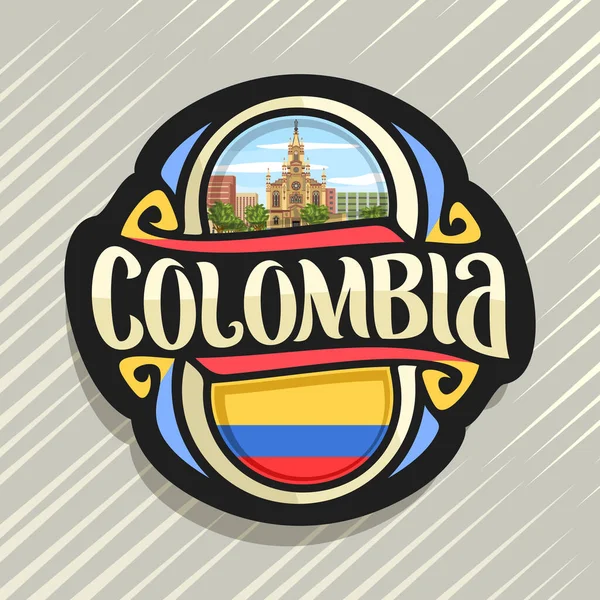 コロンビア国 コロンビアの旗冷蔵庫マグネット 単語コロンビア 象徴コロンビア メデリンで曇り空を背景にイエス Nazareno 教会のオリジナルの筆書体のベクトルのロゴ — ストックベクタ