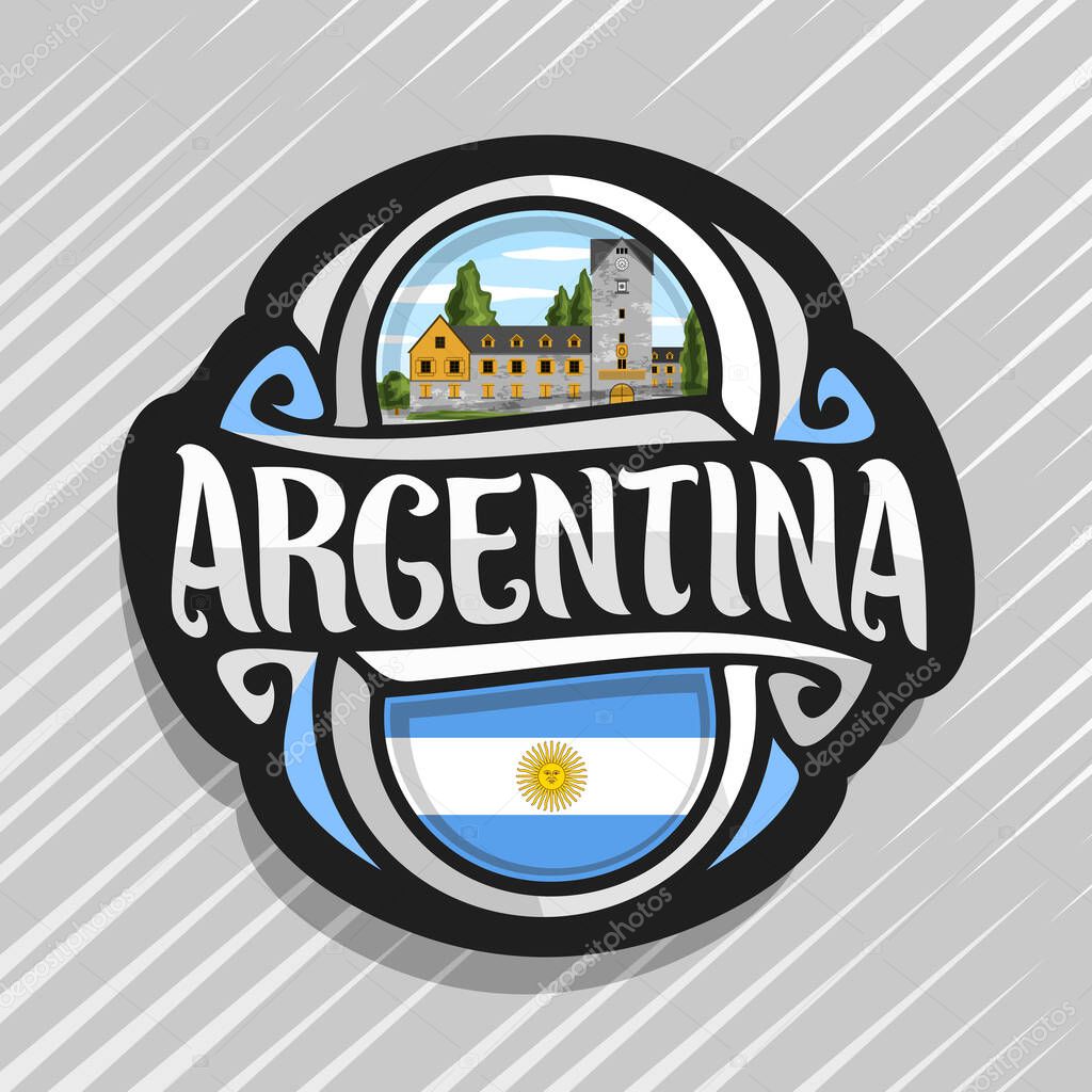 Vector logo for Republic of Argentina, fridge magnet with argentinian flag, original brush typeface for word argentina, argentinian symbol - civic center in San Carlos de Bariloche on sky background