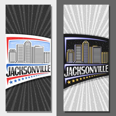 Vector vertical layouts for Jacksonville, decorative leaflets with illustration of jacksonville city scape on day and dusk sky background, design tourist card with unique letters for word jacksonville