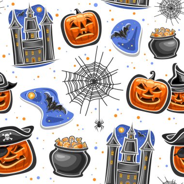 Vector Halloween seamless pattern, repeating background with cut out illustrations of orange halloween jack-o-lantern in hats, flying bat on starry backdrop and decorative confetti on white background