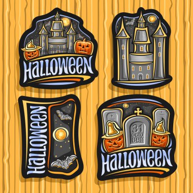 Vector Halloween Set, collection of different cut out compositions for happy halloween holiday, carved jack-o-lanterns in hats, flying bats on sky background and unique lettering for word halloween