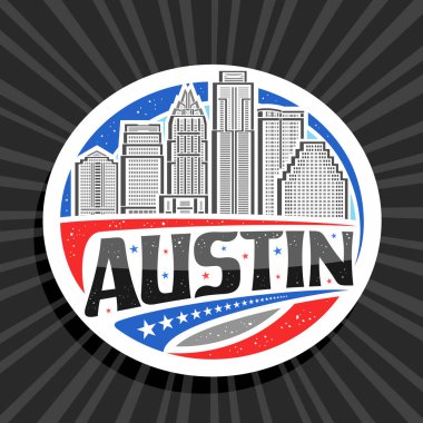Austin için vektör logosu, Austin için beyaz dekoratif tabela, gökyüzü arka planında Austin şehrinin ünlü resmedilmiş çizgisi, sanat tasarımı buzdolabı mıknatısı, siyah Austin için eşsiz yazı tipi
