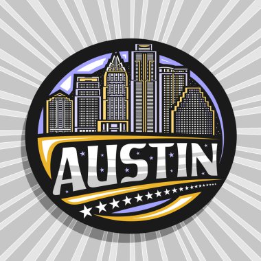 Vector logo for Austin, black decorative tag with simple line illustration of modern austin city scape on dusk sky background, art design refrigerator magnet with unique lettering for text austin clipart