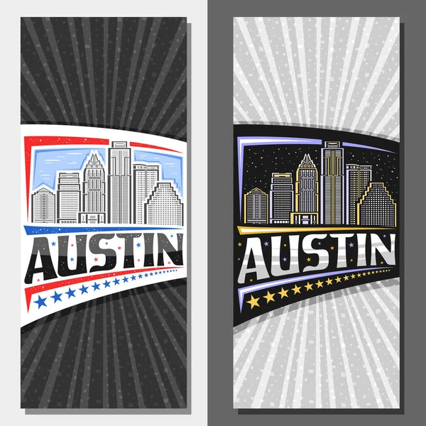 Austin için vektör dikey şablonlar, Austin için dekoratif bilet. Gündüz ve alacakaranlık gökyüzü arkaplanı kentsel Austin manzarası çizimi. Austin kelimesinin eşsiz harfleriyle sanat tasarımı turist kartı.