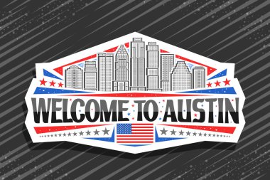 Austin için vektör logosu, beyaz dekoratif işaret üzerinde ünlü çağdaş Austin şehir manzarası çizimi gökyüzü arka planında, sanat tasarımı buzdolabı mıknatısı Austin 'e hoş geldiniz